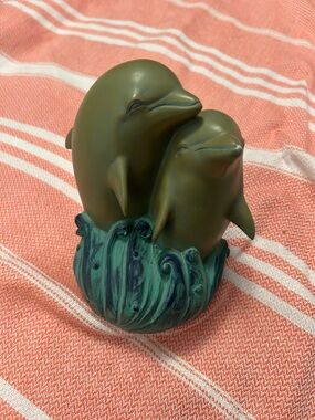Ceramic Dolphin Figurine Coin Bank - 2 Dolphins Ocean Marine Collectible.